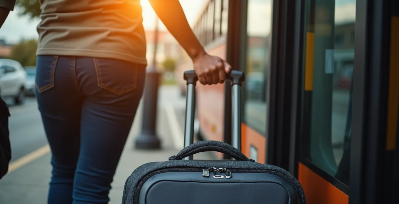 Vue rapprochée d’une main aidant un passager avec ses bagages dans une navette de parking, lumière naturelle et atmosphère empathique