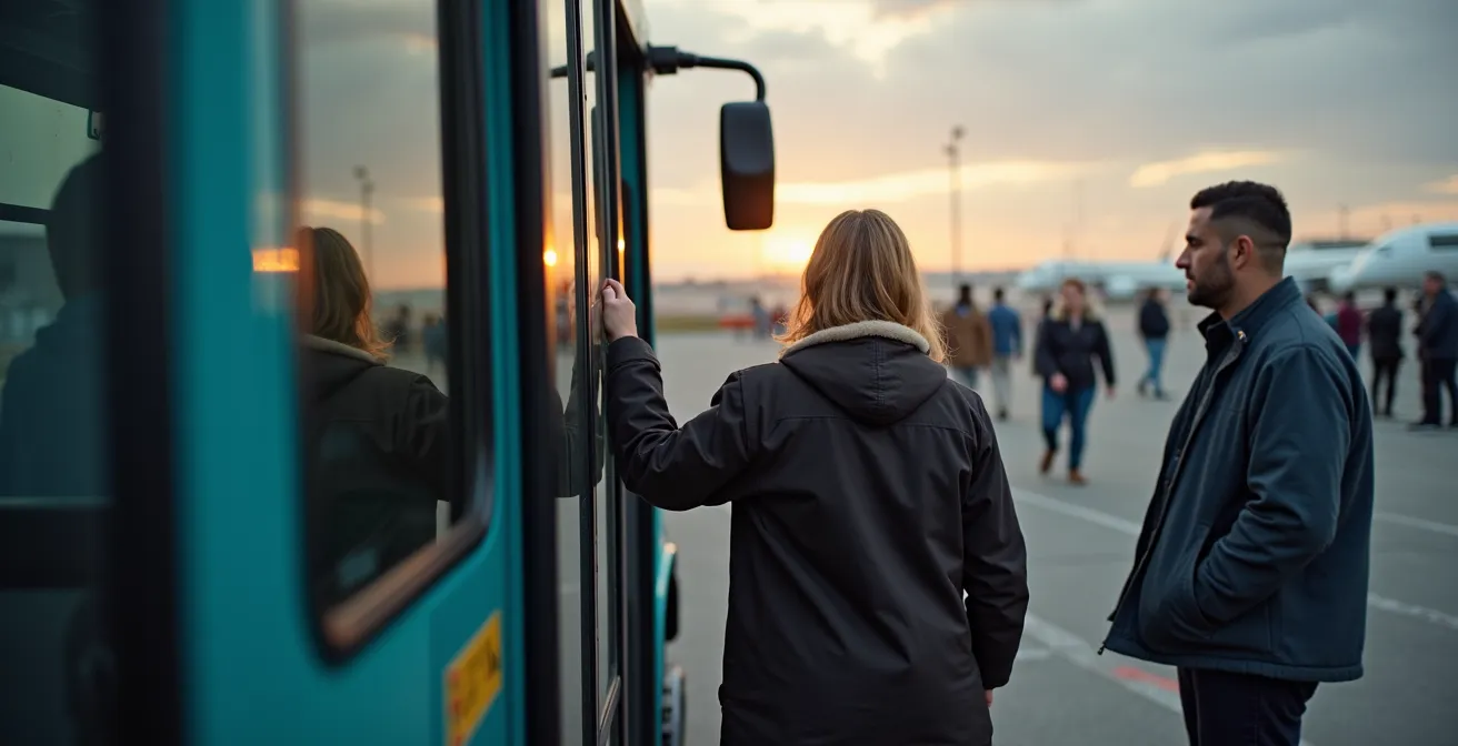 Navette de parking avec passagers embarquant dans une ambiance naturelle, fond épuré avec lumière douce