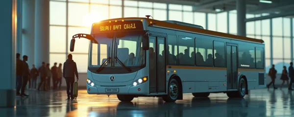 Vue réaliste d'un parking d'aéroport avec navette s'arrêtant pour prendre des passagers, éclairage cinématographique, composition symétrique, fond propre avec espace négatif