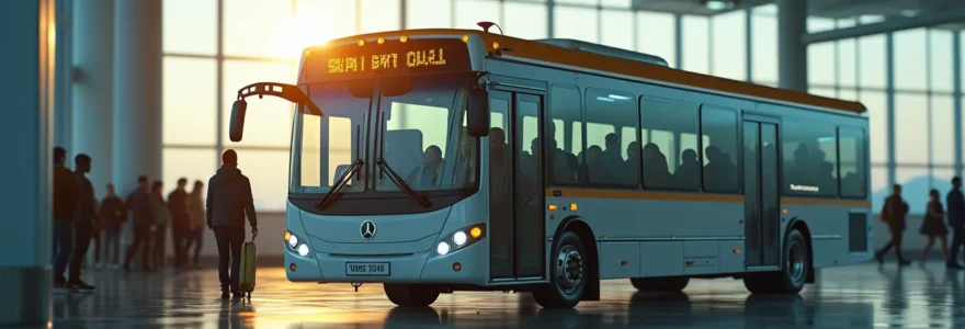 Vue réaliste d'un parking d'aéroport avec navette s'arrêtant pour prendre des passagers, éclairage cinématographique, composition symétrique, fond propre avec espace négatif