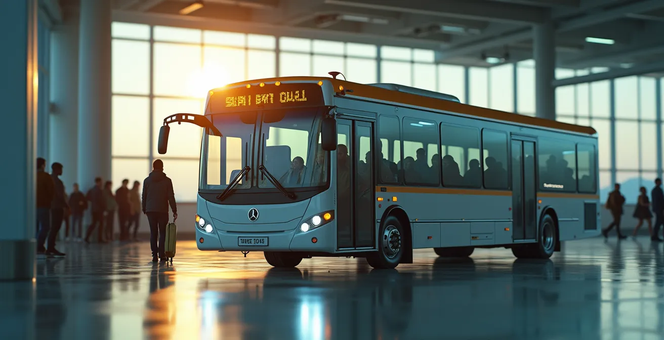 Vue réaliste d'un parking d'aéroport avec navette s'arrêtant pour prendre des passagers, éclairage cinématographique, composition symétrique, fond propre avec espace négatif